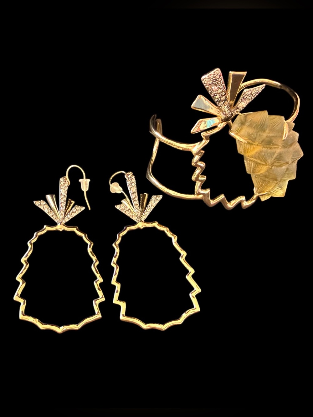 Alexis Bittar Crystal Leaf Pineapple EARRINGS PLUS Pineapple Cuff Bracelet-RARE!